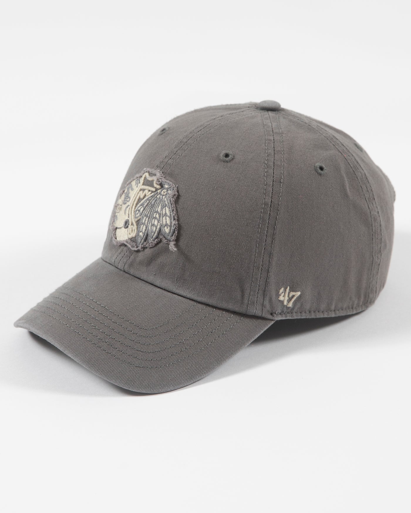 '47 brand grey adjustable clean up cap with Chicago Blackhawks tonal primary logo with distressed details - left side lay flat