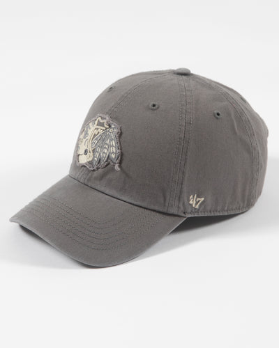 '47 brand grey adjustable clean up cap with Chicago Blackhawks tonal primary logo with distressed details - left side lay flat