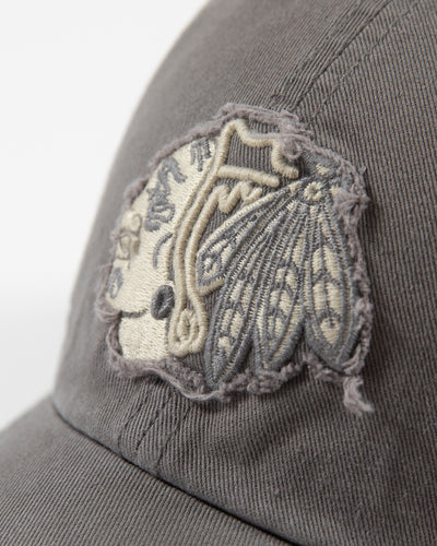 '47 brand grey adjustable clean up cap with Chicago Blackhawks tonal primary logo with distressed details - detail lay flat