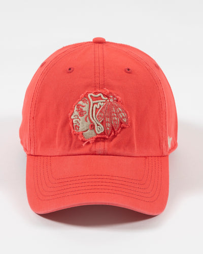 orange '47 brand adjustable cap with Chicago Blackhawks tonal primary logo with distress detailing - front lay flat