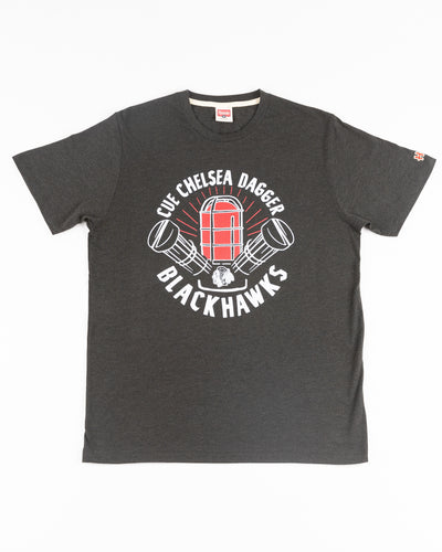 black Homage tee with Chicago Blackhawks Chelsea Dagger graphic across chest - front lay flat