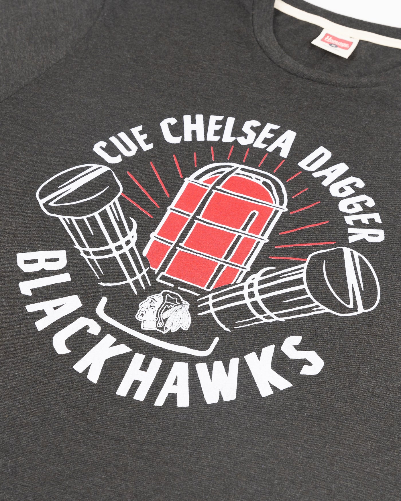 black Homage tee with Chicago Blackhawks Chelsea Dagger graphic across chest - detail lay flat