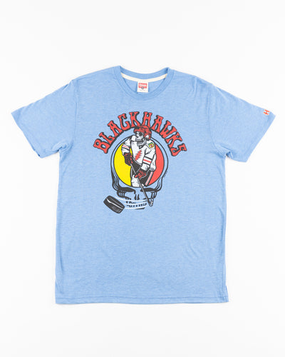 light blue Homage short sleeve tee with Chicago Blackhawks x Grateful Dead graphic - front lay flat