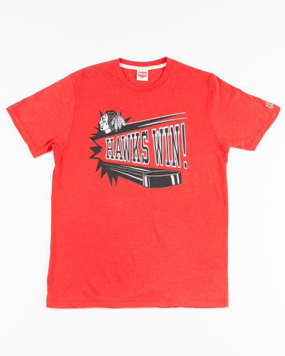 red Homage tee with Chicago Blackhawks Hawks Win graphic - front lay flat