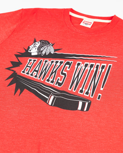 red Homage tee with Chicago Blackhawks Hawks Win graphic - detail lay flat