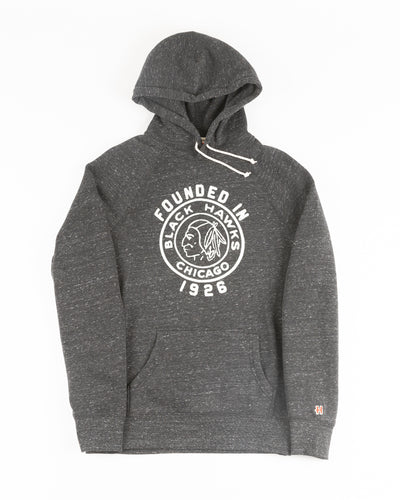 grey Homage hoodie with vintage Chicago Blackhawks logo across front - front lay flat