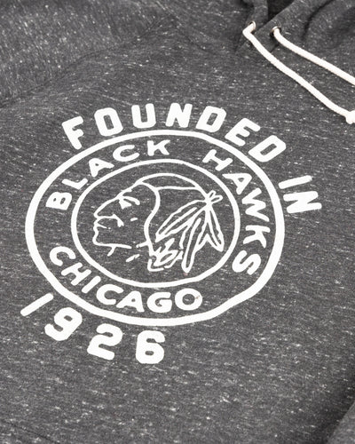 grey Homage hoodie with vintage Chicago Blackhawks logo across front - detail lay flat