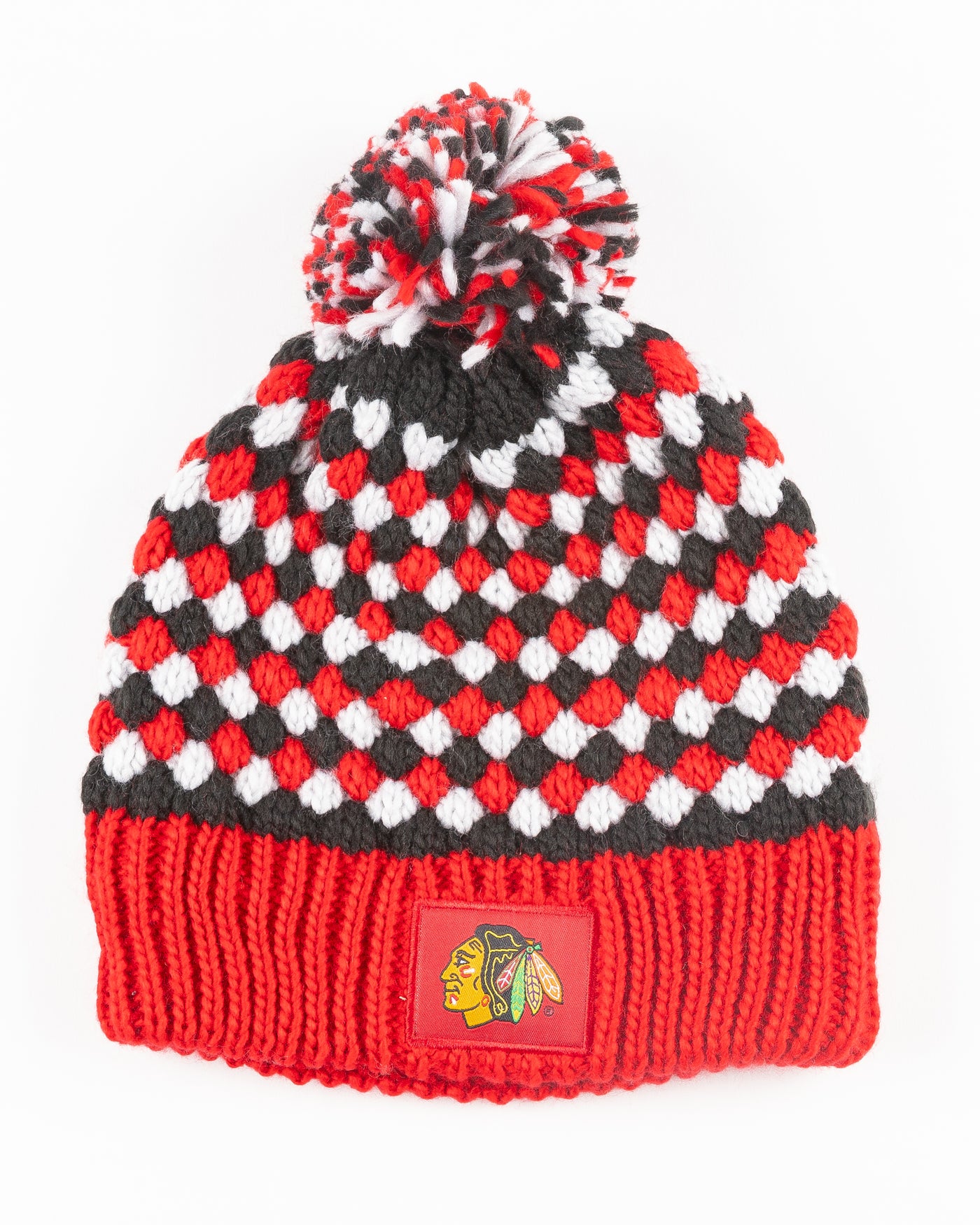 red black and white Colosseum Operation Hat Trick beanie with Chicago Blackhawks branding - front lay flat