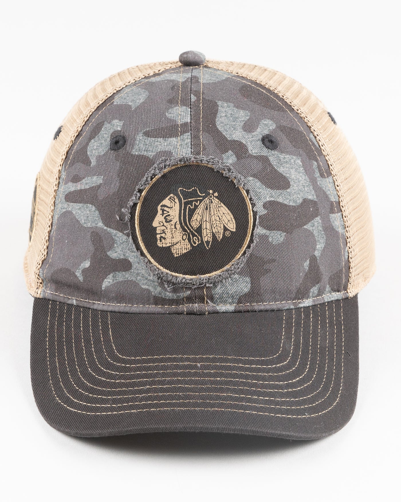 grey Colosseum operation hat trick trucker cap with Chicago Blackhawks branding - front lay flat