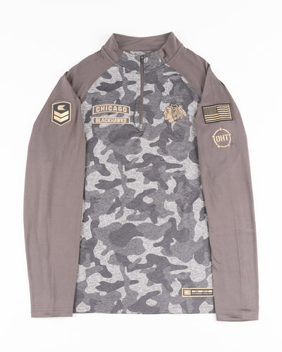 grey Colosseum camo quarter zip with Chicago Blackhawks patches - front lay flat