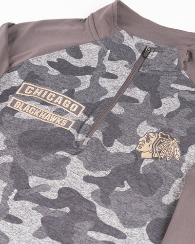 grey Colosseum camo quarter zip with Chicago Blackhawks patches - detail lay flat