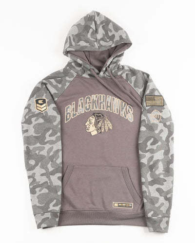 grey camo Colosseum operation hat trick hoodie with Chicago Blackhawks branding - front lay flat
