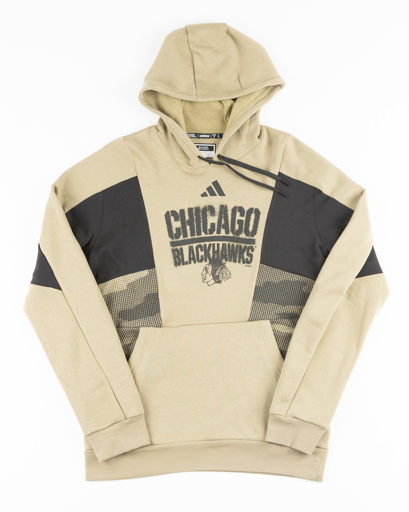 green and black camo colorblocked adidas hoodie with Chicago Blackhawks wordmark and primary logo across chest - front lay flat