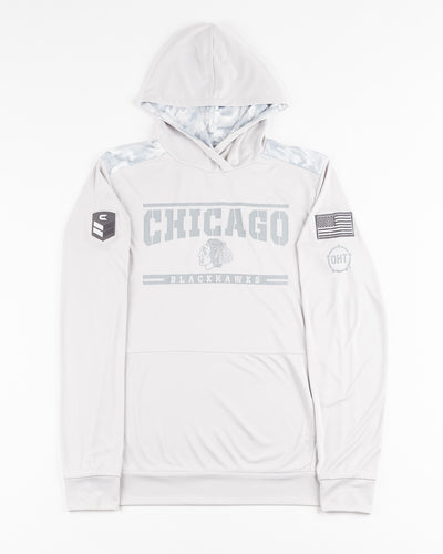 grey Colosseum operation hat trick long sleeve with hood with Chicago Blackhawks primary logo and wordmark graphic and patches on sleeves - front lay flat