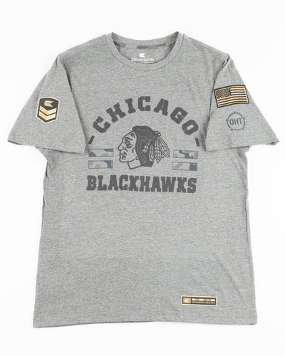 grey Colosseum military appreciation operation hat trick short sleeve tee with Chicago Blackhawks graphic - front lay flat