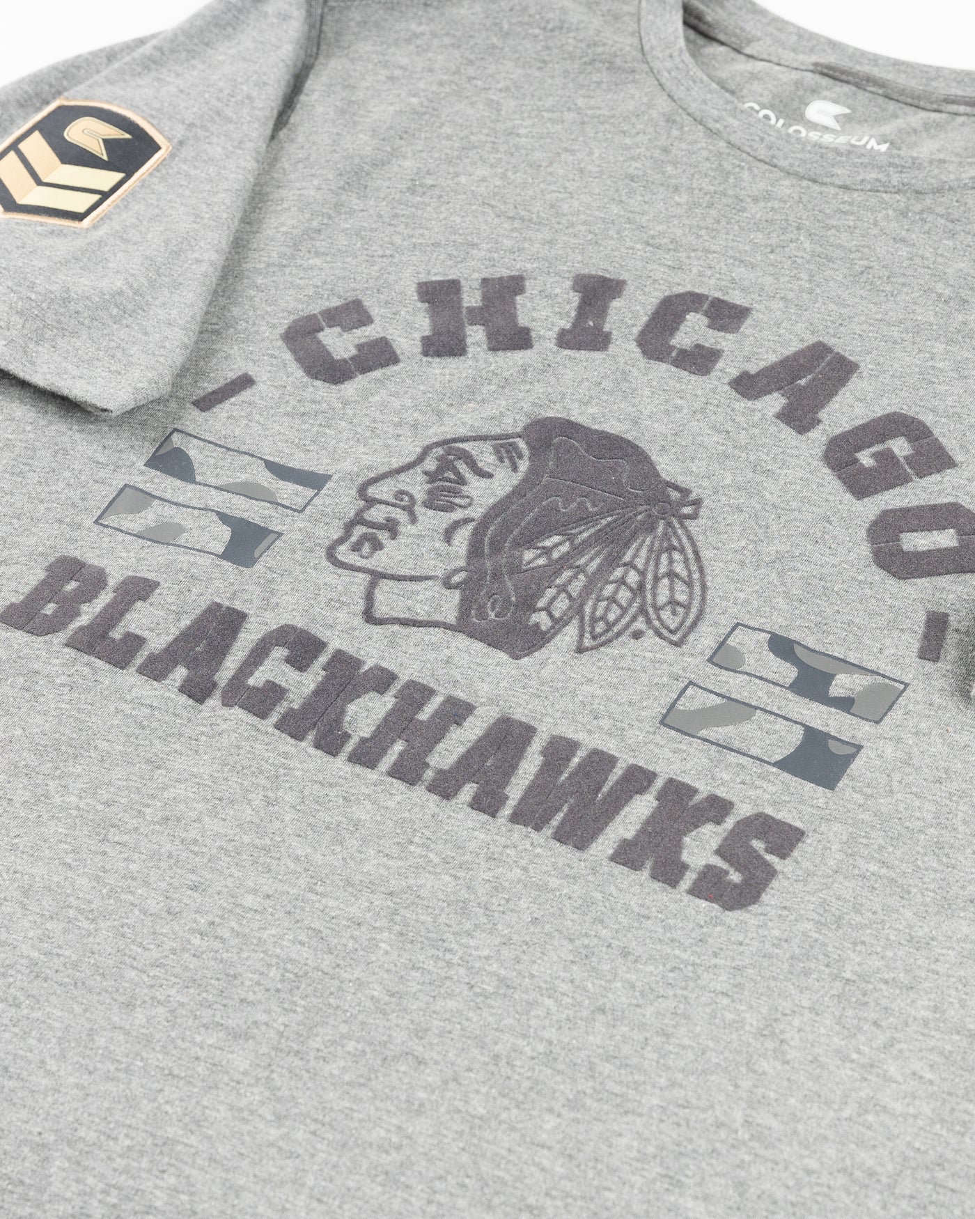 grey Colosseum military appreciation operation hat trick short sleeve tee with Chicago Blackhawks graphic - detail lay flat
