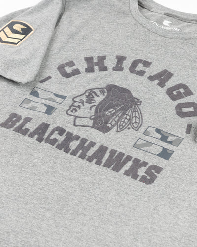 grey Colosseum military appreciation operation hat trick short sleeve tee with Chicago Blackhawks graphic - detail lay flat
