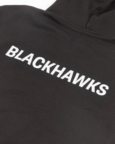 black Line Change youth hoodie with Chicago Blackhawks wordmark on front and back - back detail lay flat