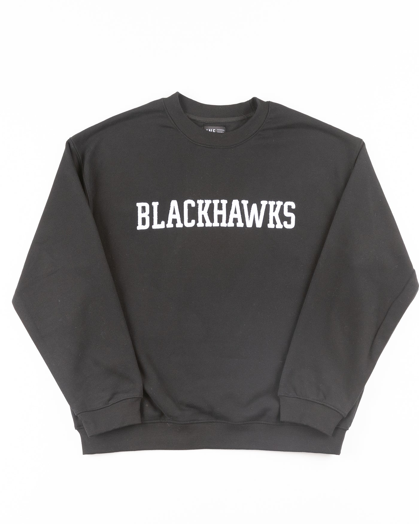 black Line Change crewneck with chenille Blackhawks embroidery across front - front lay flat