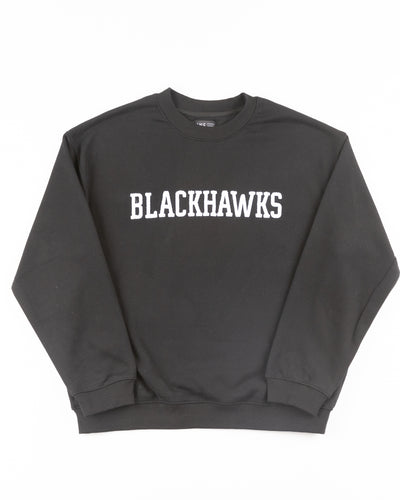 black Line Change crewneck with chenille Blackhawks embroidery across front - front lay flat