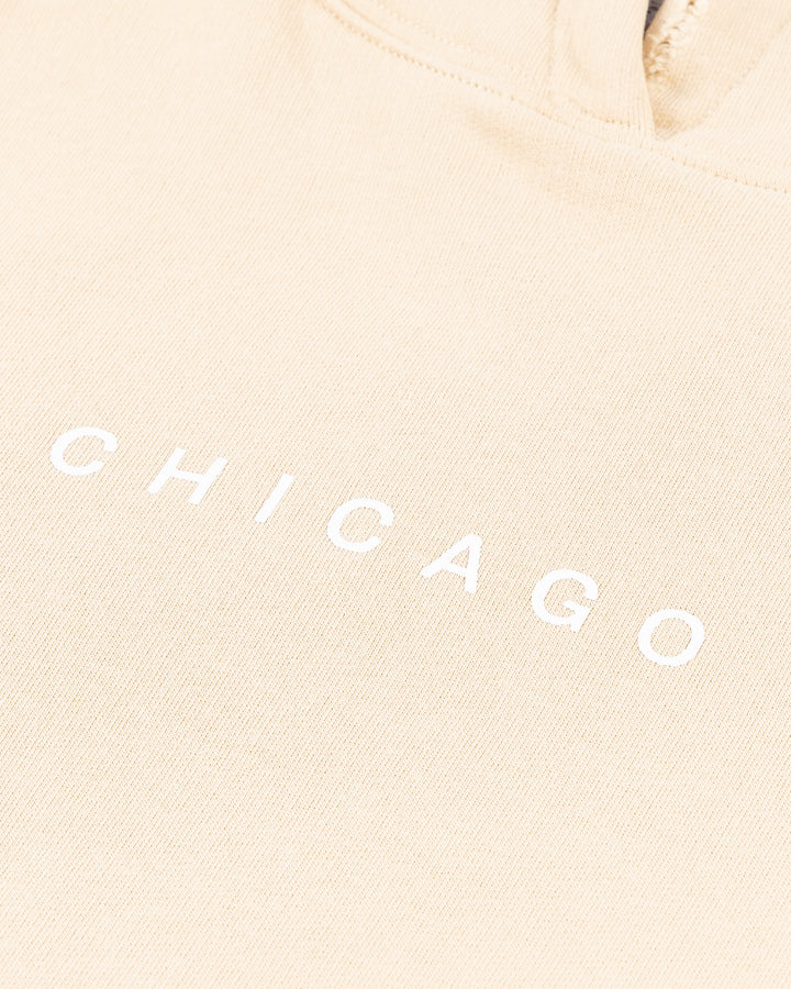 camel Line Change hoodie with Chicago Blackhawks wordmarks on front and back - front detail  lay flat