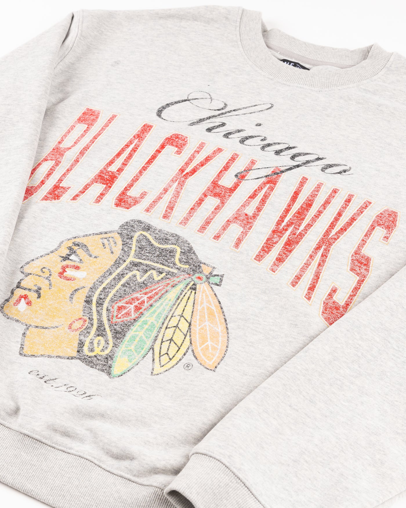 grey Line Change crewneck with Chicago Blakhawks primary logo and wordmark - detail lay flat