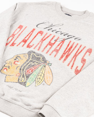 grey Line Change crewneck with Chicago Blakhawks primary logo and wordmark - detail lay flat