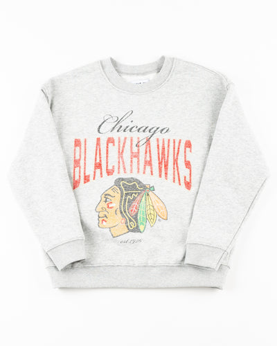 grey youth Line Change crewneck with Chicago Blackhawks graphic - front lay flat