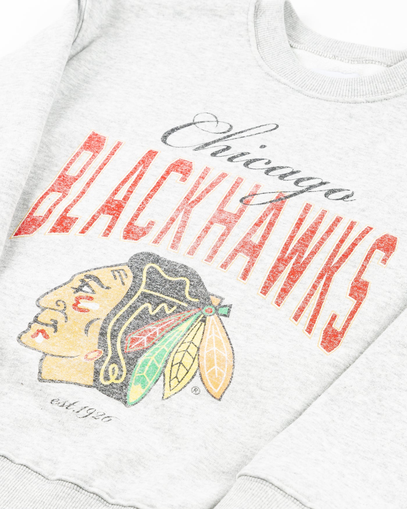 grey youth Line Change crewneck with Chicago Blackhawks graphic - detail lay flat