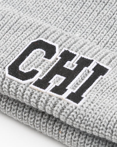 grey knit Line Change beanie with CHI embroidered on front - detail lay flat