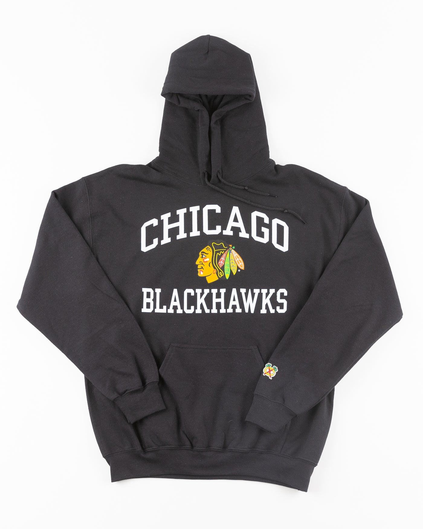 black Chicago Blackhawks hoodie with wordmark and primary logo on chest and secondary logo on left wrist - front lay flat