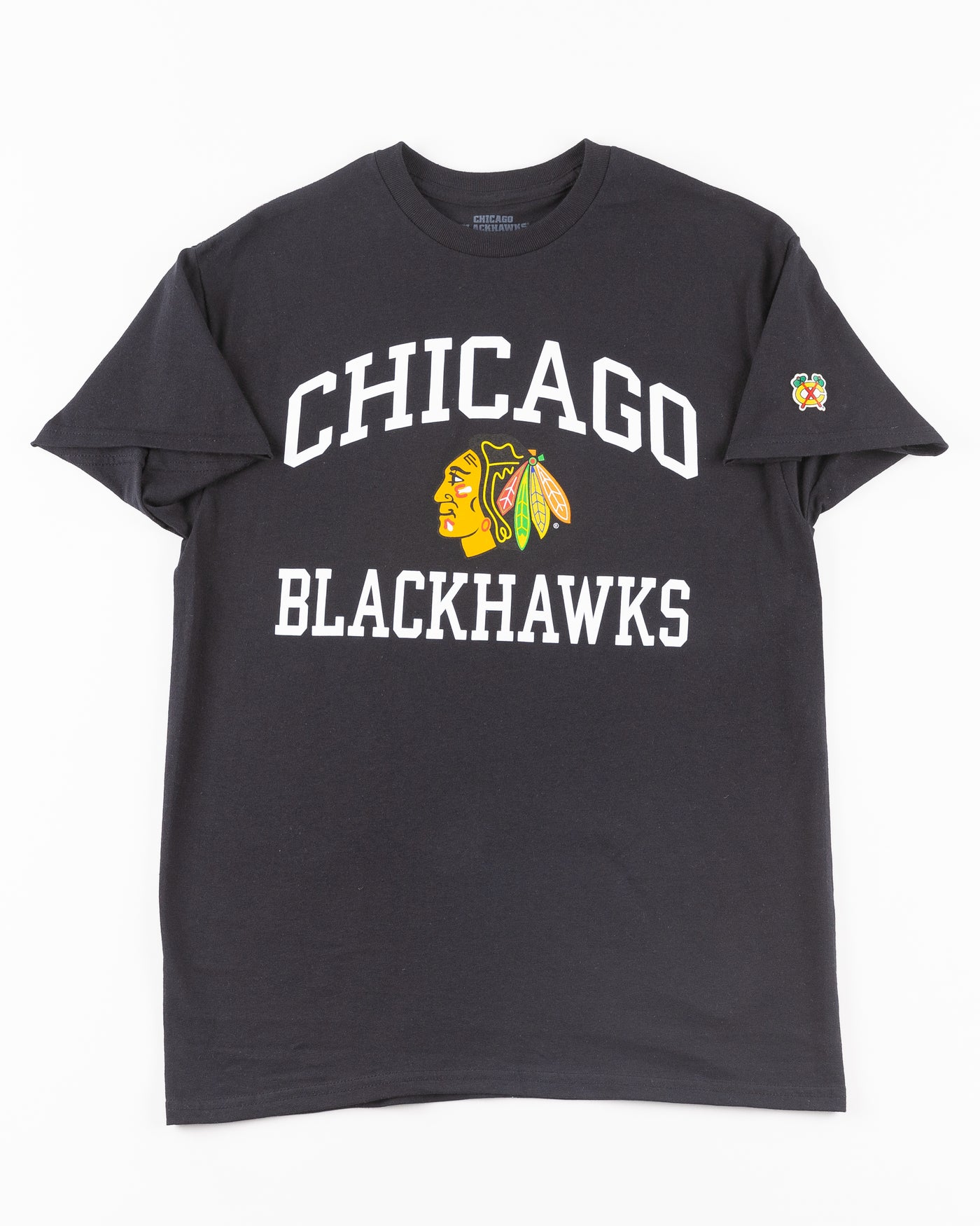 black Chicago Blackhawks short sleeve tee with wordmark and primary logo on chest and secondary logo on left shoulder - front lay flat