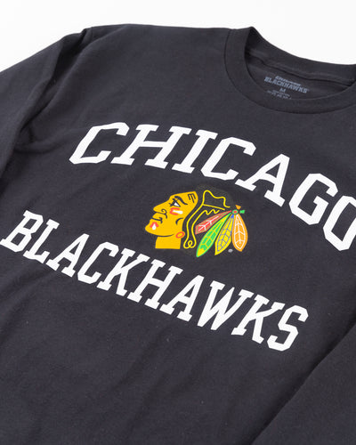 black long sleeve tee with Chicago Blackhawks wordmark and primary logo across chest - detail lay flat