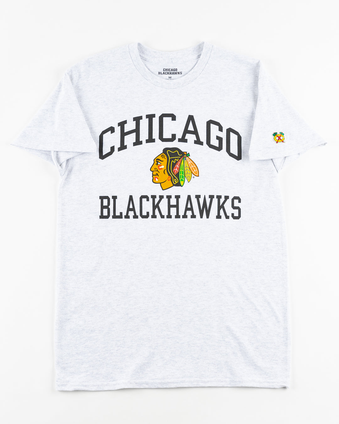 grey Chicago Blackhawks short sleeve tee with wordmark and primary logo on chest and secondary logo on left shoulder - front lay flat