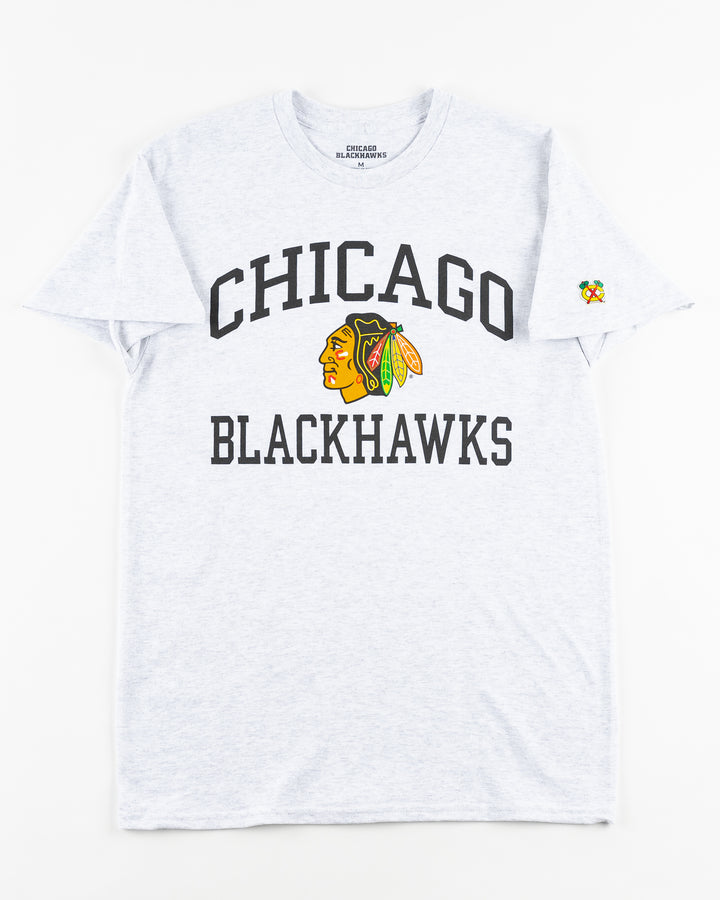 grey Chicago Blackhawks short sleeve tee with wordmark and primary logo on chest and secondary logo on left shoulder - front lay flat