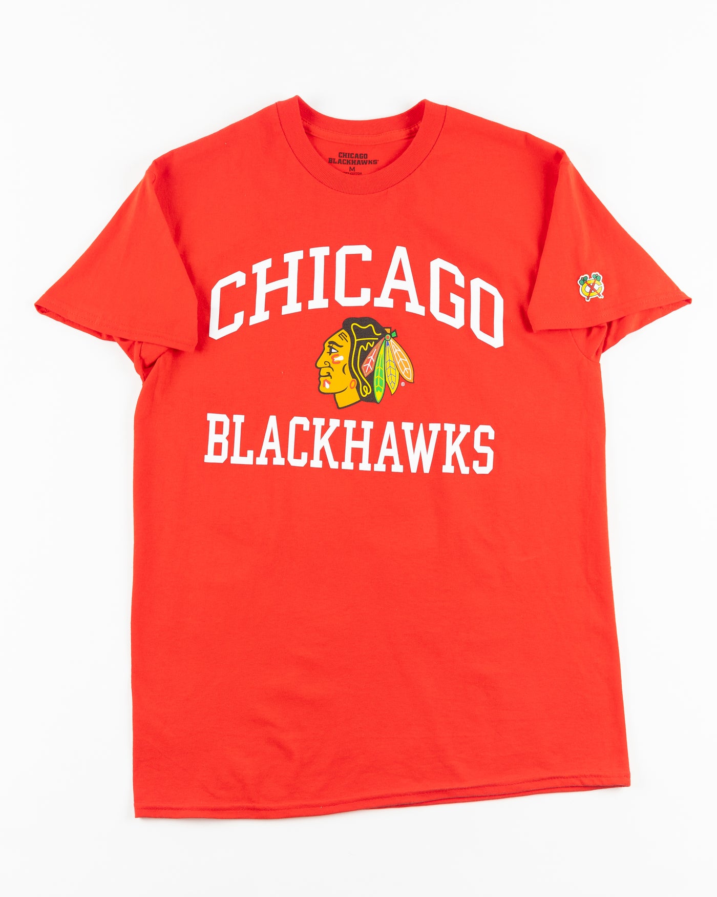 red Chicago Blackhawks short sleeve tee with wordmark and primary logo on chest and secondary logo on left shoulder - front lay flat