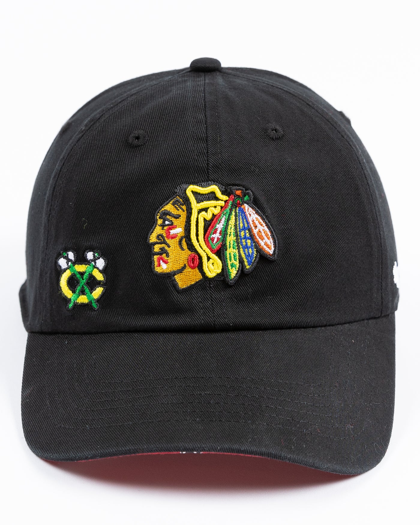 black ladies '47 brand clean up cap with Chicago Blackhawks primary and secondary logos embroidered on the front - front lay flat