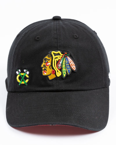 black ladies '47 brand clean up cap with Chicago Blackhawks primary and secondary logos embroidered on the front - front lay flat