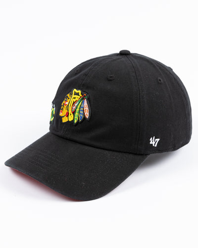 black ladies '47 brand clean up cap with Chicago Blackhawks primary and secondary logos embroidered on the front - left angle lay flat