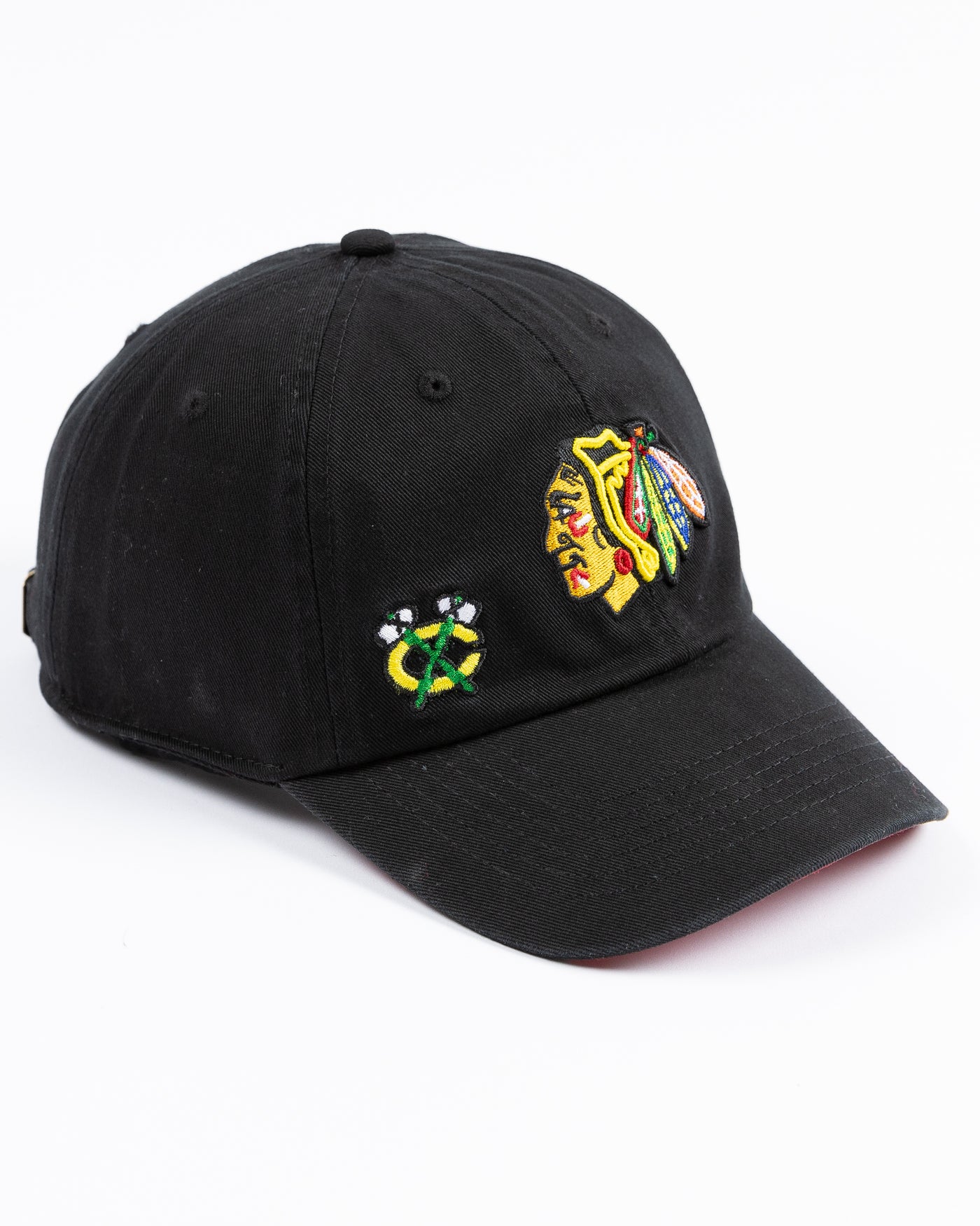 black ladies '47 brand clean up cap with Chicago Blackhawks primary and secondary logos embroidered on the front - right angle lay flat