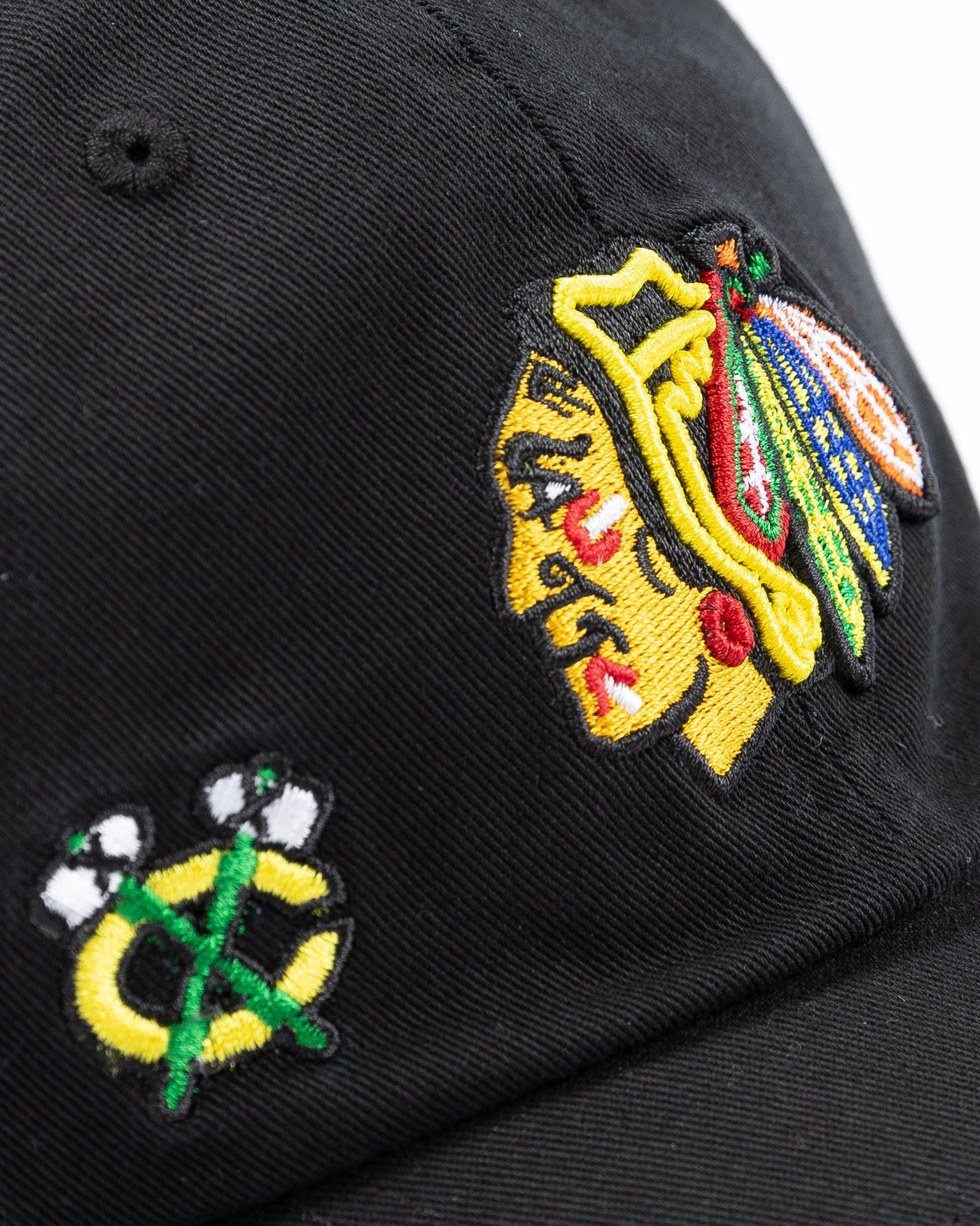 black ladies '47 brand clean up cap with Chicago Blackhawks primary and secondary logos embroidered on the front - detail lay flat