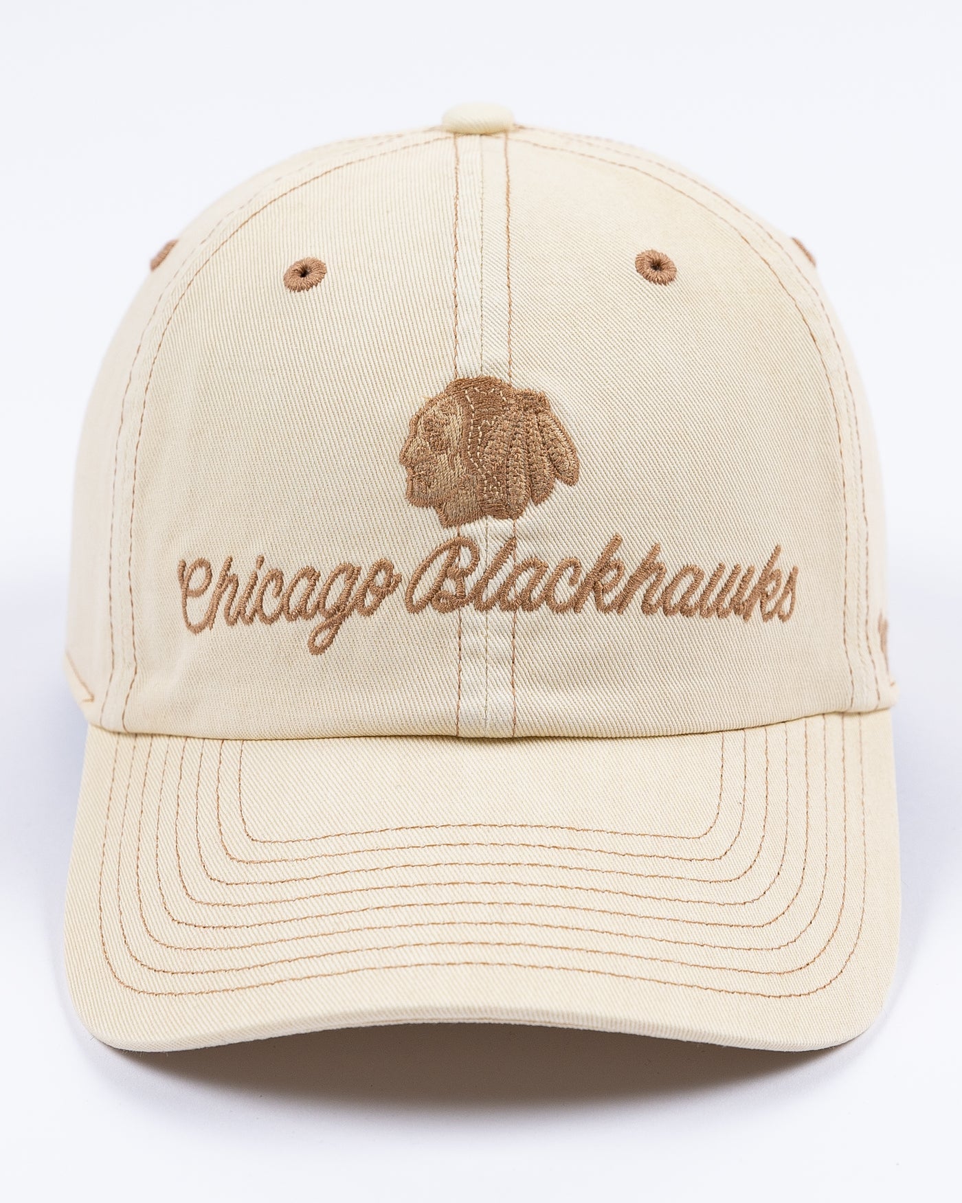 light brown '47 brand ladies cap with Chicago Blackhawks cursive wordmark and tonal primary logo on front - front lay flat