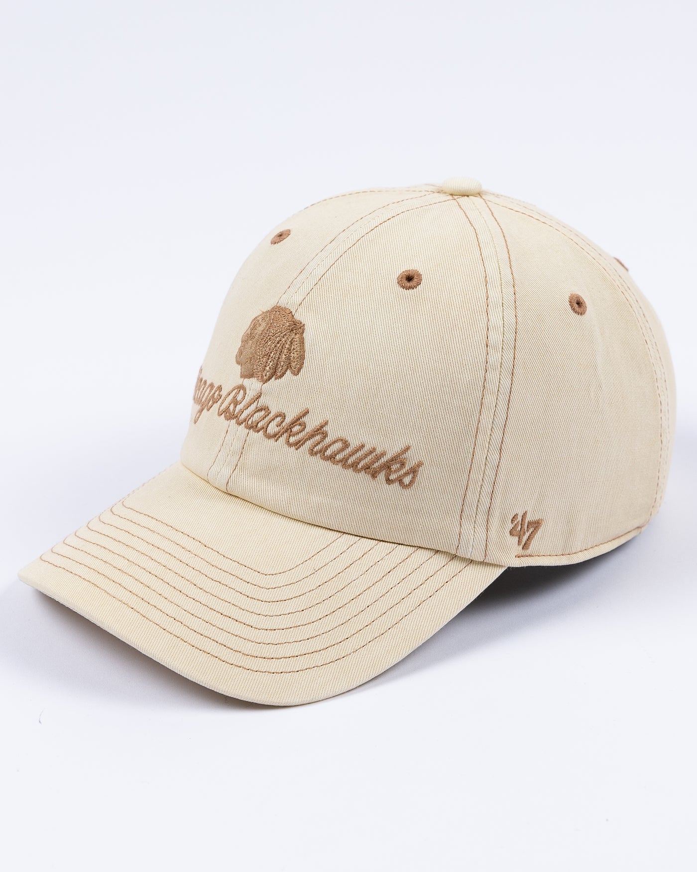light brown '47 brand ladies cap with Chicago Blackhawks cursive wordmark and tonal primary logo on front - left angle lay flat