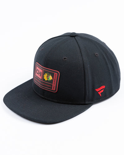 black Fanatics Authentic Pro snapback with Chicago Blackhawks rubberized patch on front - left angle lay flat