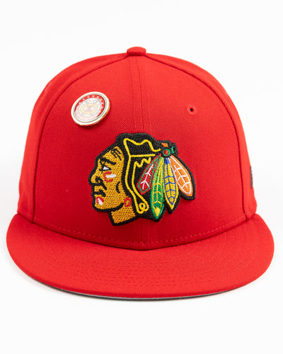 red fitted 59FIFTY New Era cap with Chicago Blackhawks primary logo embroidered on front - front lay flat