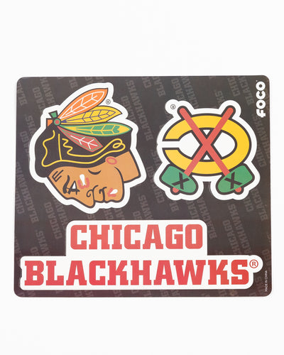 Set of three magnets of Chicago Blackhawks primary logo, secondary logo and wordmark - front lay flat