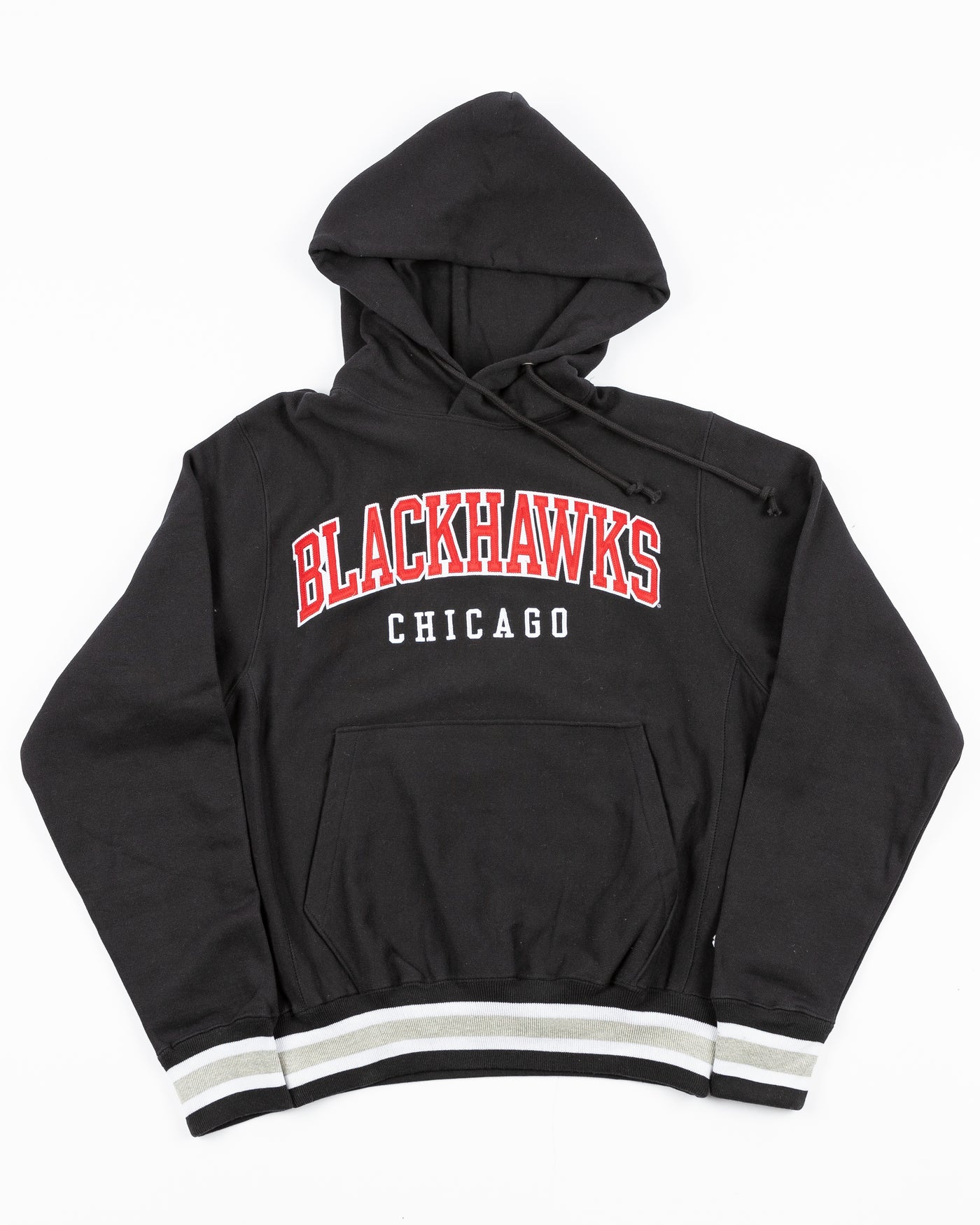 black Champion reverse weave hoodie with Chicago Blackhawks wordmark embroidered on the front - front lay flat
