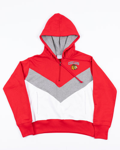 multi color chevron striped women's Champion hoodie with Chicago Blackhawks logo embroidered on left chests - front lay flat