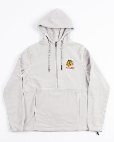 grey Champion hoodie with half zip and embroidered Chicago Blackhawks primary logo and wordmark on left chest - front lay flat