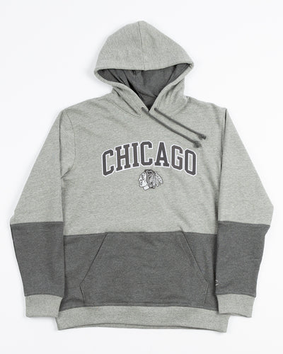 grey striped Champion hoodie with embroidered Chicago and Chicago Blackhawks primary logo on front - front lay flat